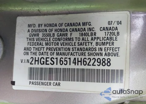 2004 Honda Civic Lx из США, поврежденный, VIN 2HGES16514H622988